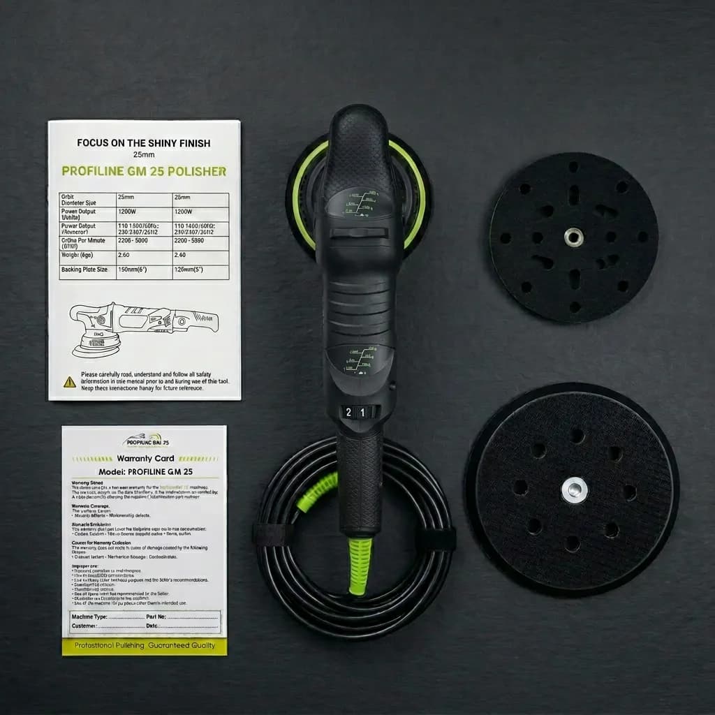 Profiline GM25 complete kit flat lay — polisher, pads, manual